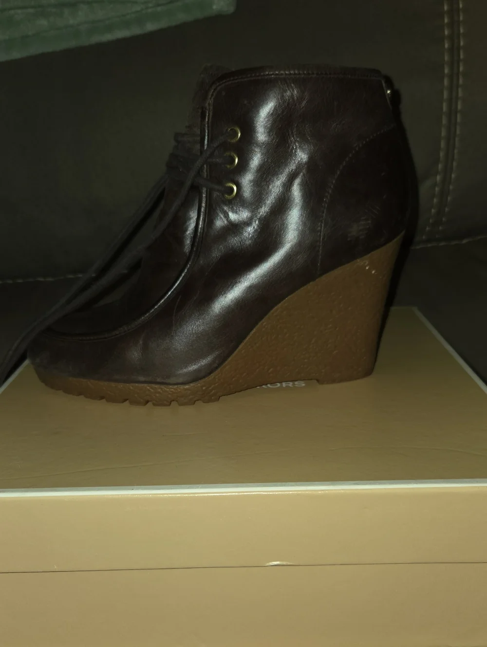 Michael Kors Dark Brown Leather Lace-Up Wedge Bootie